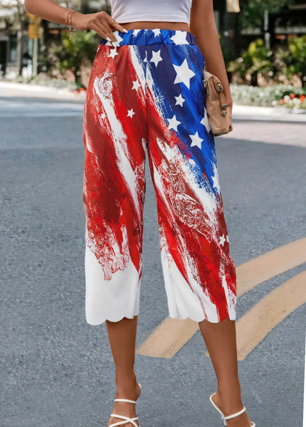 Multi Color Flag Print Elastic Waist Pants