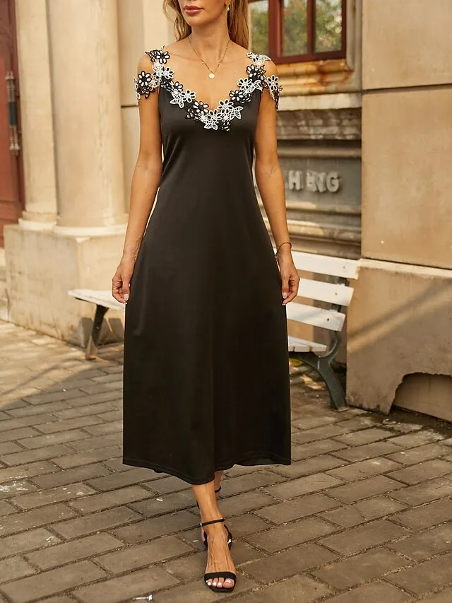 Women's Casual Dress Black Dress A Line Dress Long Dress Maxi Dress Polyester Fashion Casual Outdoor Daily Going out Strap Lace Patchwork Sleeveless Summer Spring 2023 Regular Fit Black White Green