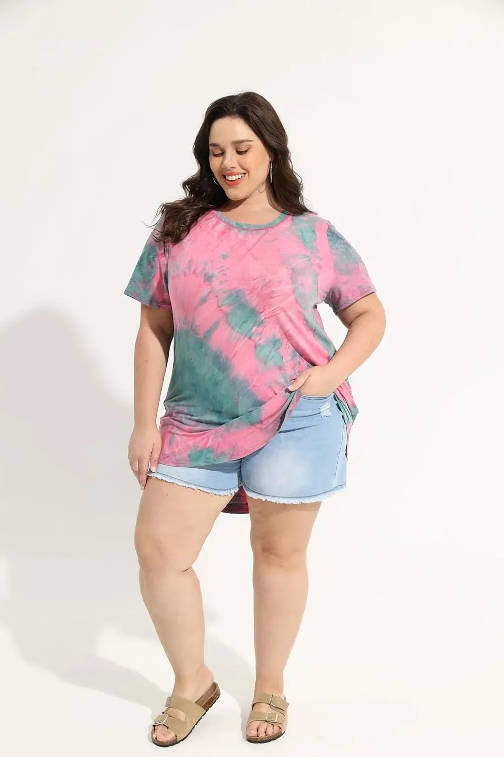 TIYOMI Plus Size T Shirt for Women Short Sleeve Tunic Cross Line Shirts Round Neck Tops Summer Blouse XL-5XL 14-28