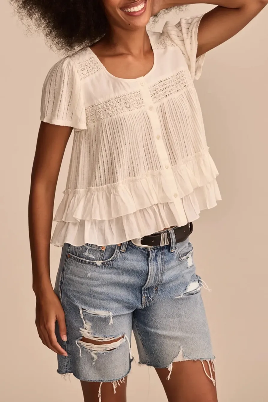 Whisper White Smocked Lace Tee