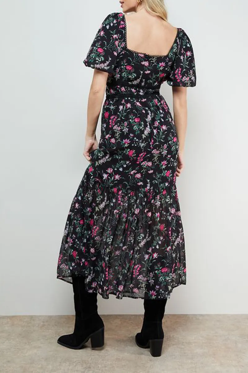 Daily Lace Trim Puff Sleeve Dress