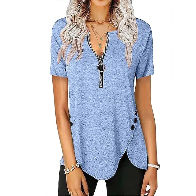 Women‘s Casual Short-Sleeved Top V-Neck Zipper Solid Color Button T-shirt Blouse