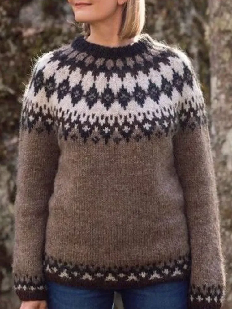 Iceland Geometric Wave Jacquard Crew Neck Sweater