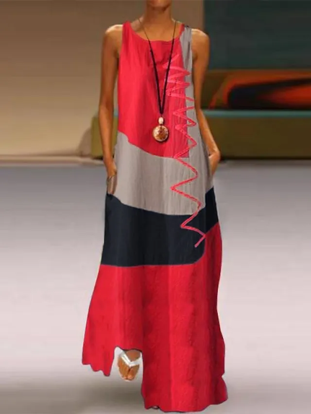 Women's Casual Dress Boho Dress Long Dress Maxi Dress Blue Khaki Red Sleeveless Graphic Print Fall Spring Summer Crew Neck Fashion Daily Vacation Summer Dress 2023 S M L XL XXL 3XL 4XL 5XL