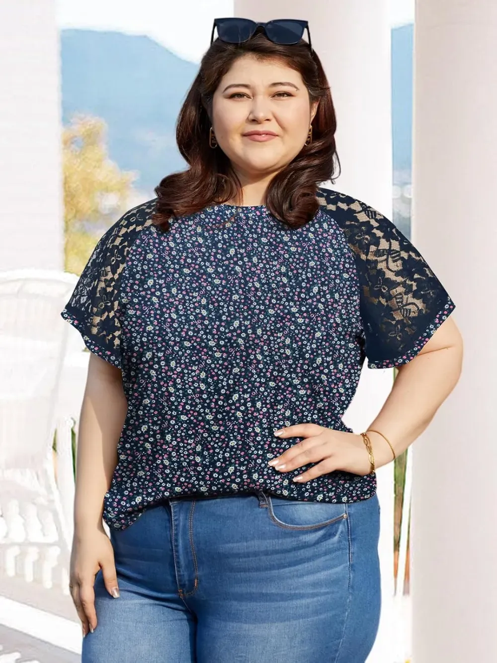 HDLTE Womens Plus Size Tops Floral Bell Sleeves Blouses Summer Crewneck Tunic Loose Casual T Shirts