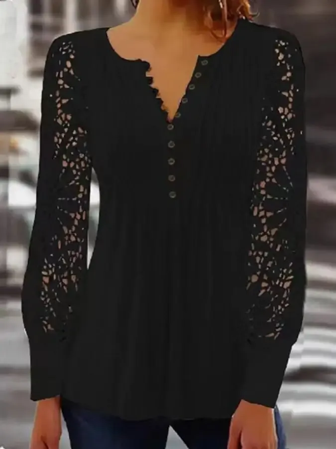 Casual Paneled Lace Long-Sleeved Top