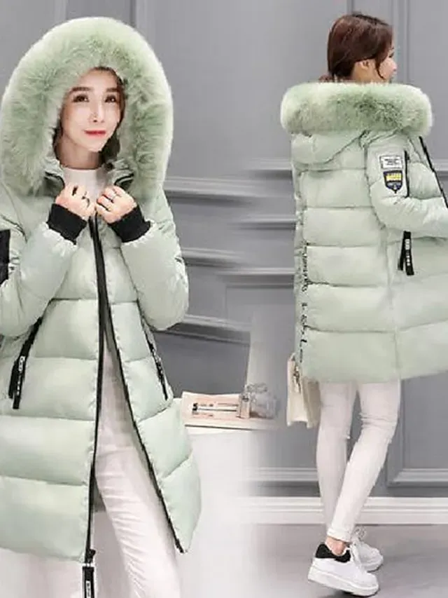Women's Puffer Jacket Long with Pockets Slim Fit Fur Collar Coat powder Bean Green White Black Gray Classic Style Christmas Winter Zipper Hoodie Regular Fit M L XL XXL XXXL / Daily / Windproof