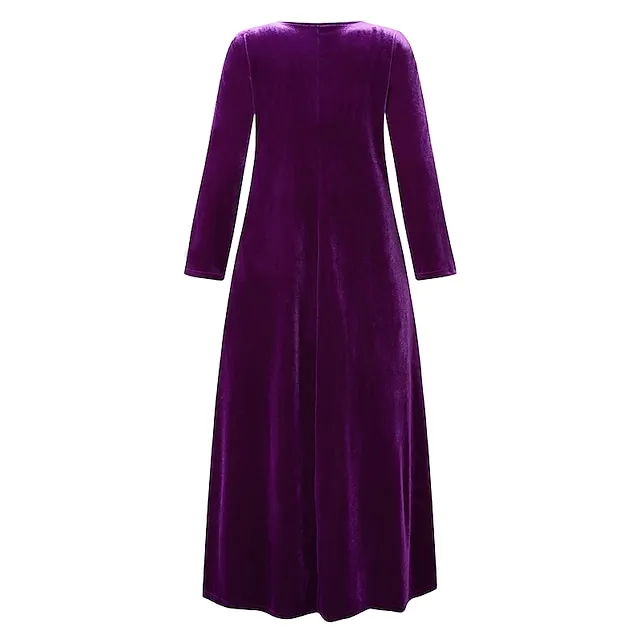 Women‘s Velvet Dress Shift Dress Caftan Dress Long Dress Maxi Dress Green Black Purple Long Sleeve Pure Color Pocket Winter Fall Spring Crew Neck Mature Winter Dress Daily Vacation 2023