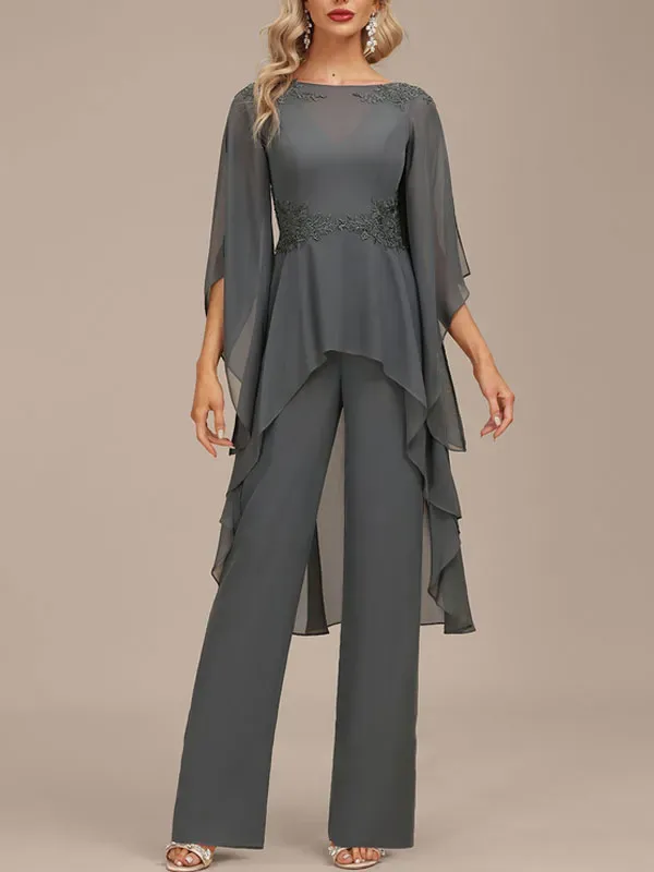 Jumpsuit/Pantsuit Separates Boat Neck Floor-Length Chiffon Evening Dress With Appliques Lace
