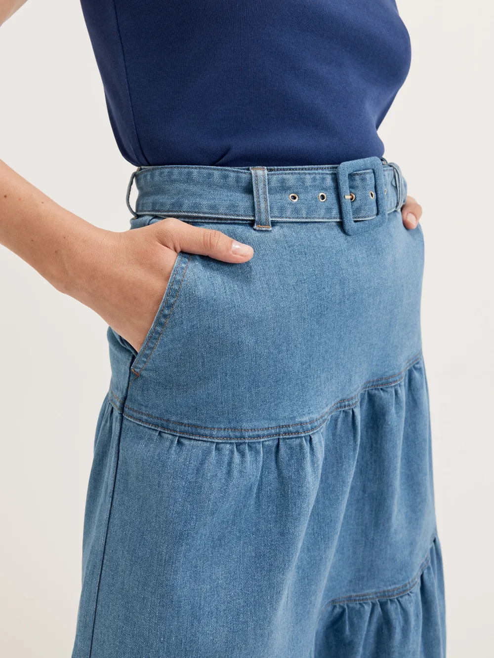 Washed Tiered Midi Denim Skirts