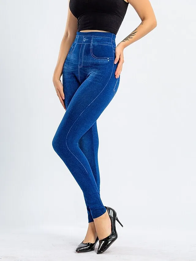 Women's Leggings Faux Denim Ankle-Length Stretchy High Waist Fashion Casual Weekend Black Blue S M