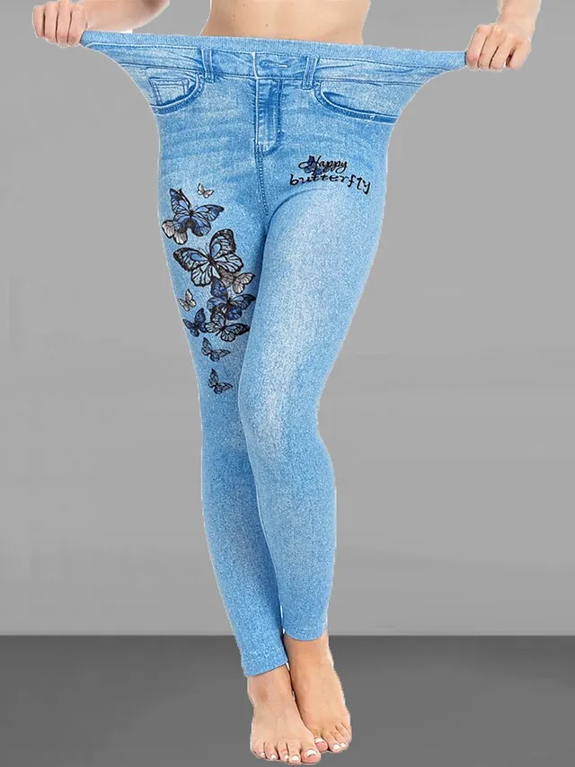 Women's Slim Pants Trousers Leggings Full Length Faux Denim Pocket High Cut High Elasticity High Waist Fashion Streetwear Street Causal Lake Blue Royal Blue S M Summer Fall