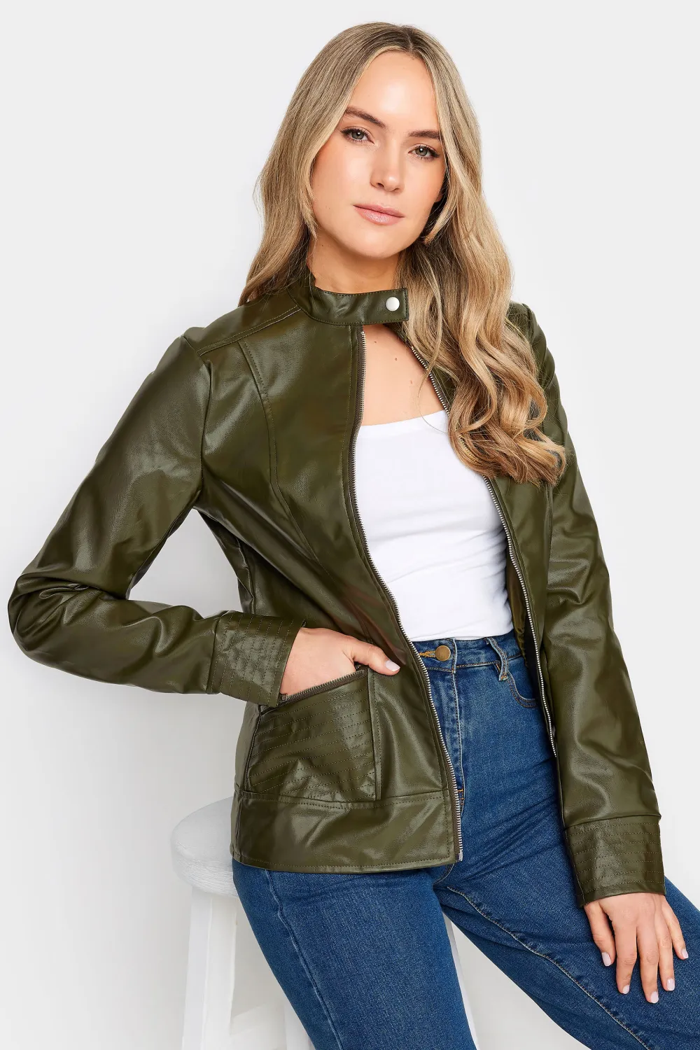 LTS Tall Khaki Green Faux Leather Funnel Neck Jacket