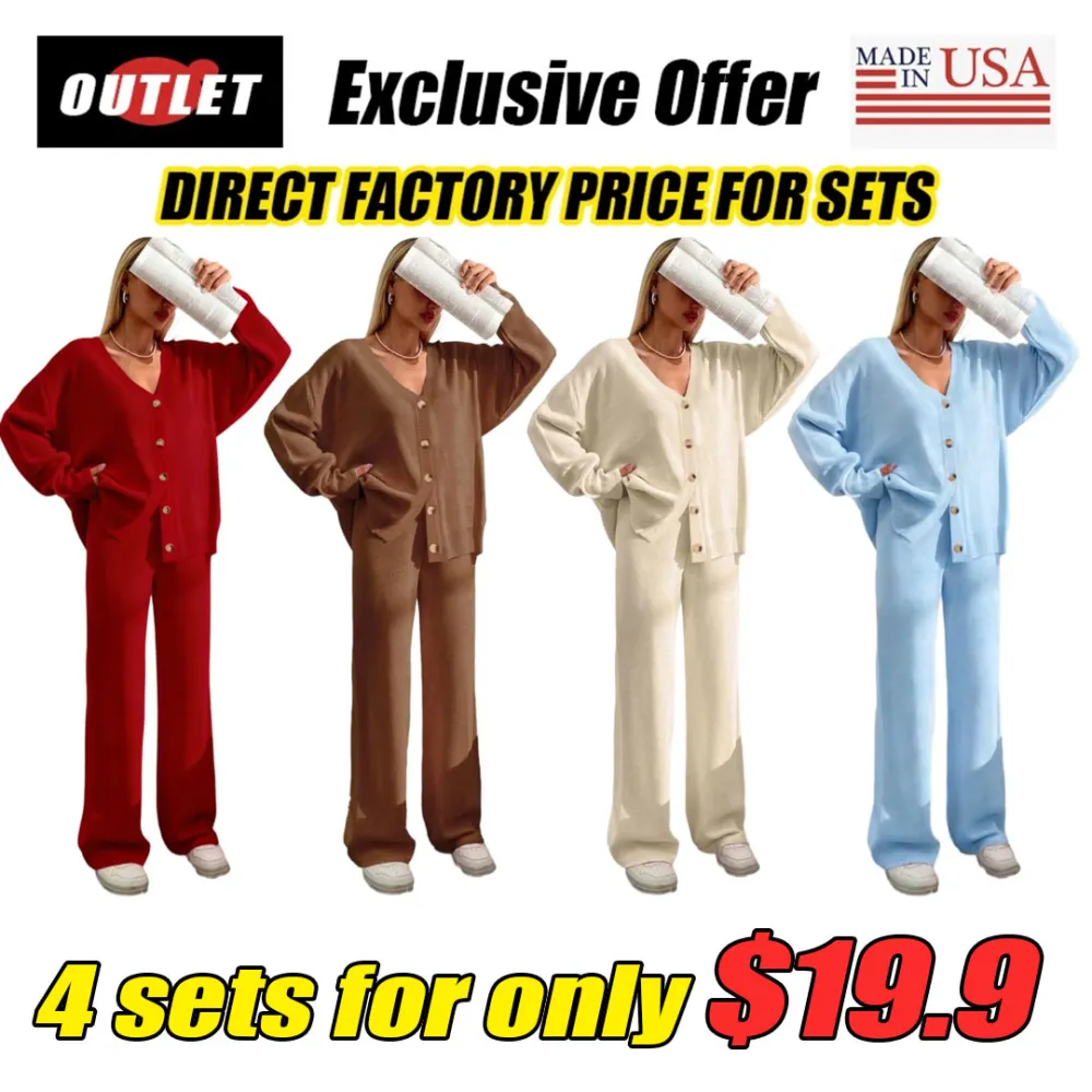 Women's Solid Color Off-Shoulder V-Neck Cardigan & Wide-Leg Pants 2-Piece Loungewear Set