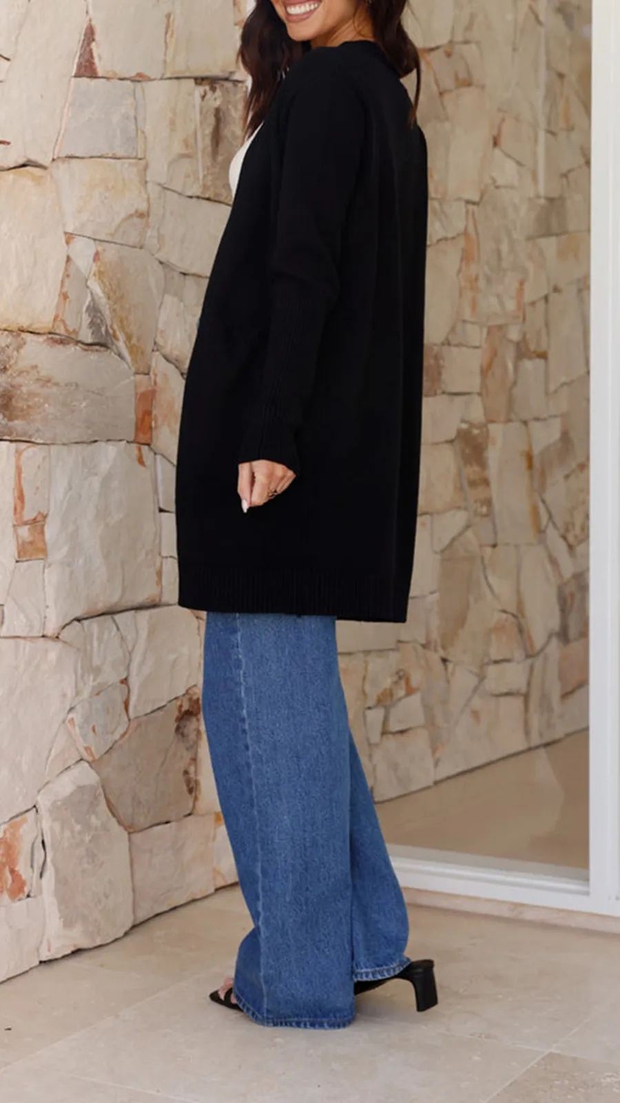 Black Knitted Mid-Length Coat With Pockets