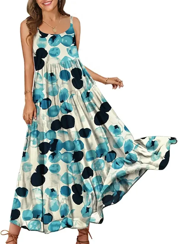 Summer Dresses for Women Casual Loose Bohemian Floral Dress with Pockets Spaghetti Strap Maxi Dress E75
