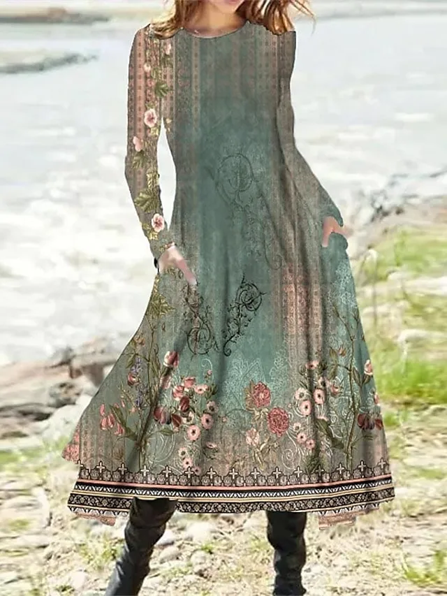 Women‘s Casual Dress Swing Dress Midi Dress Blue Yellow Rainbow Long Sleeve Color Gradient Pocket Print Winter Fall Crew Neck Vacation Casual Fall Dress 2023 S M L XL XXL 3XL