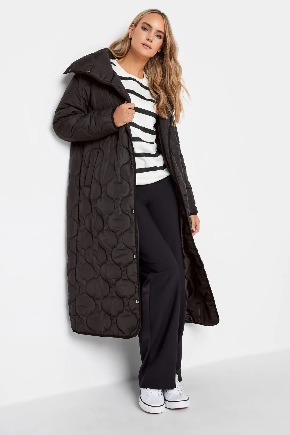 LTS Tall Black Funnel Neck Quilted Coat