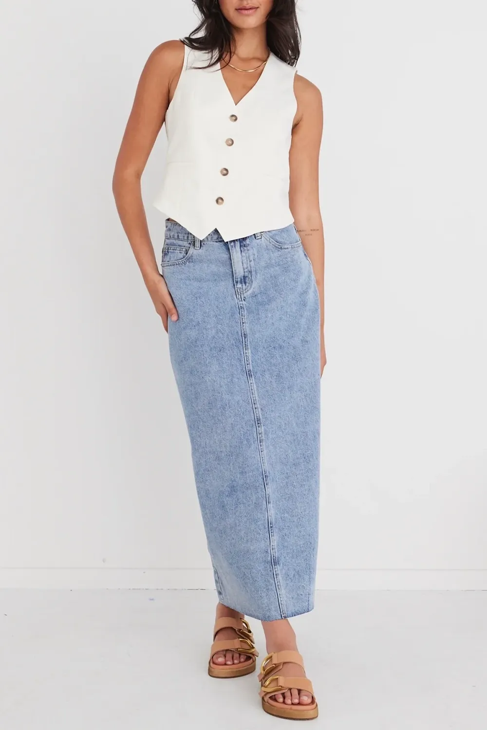 Vintage Blue Denim Midi Skirt