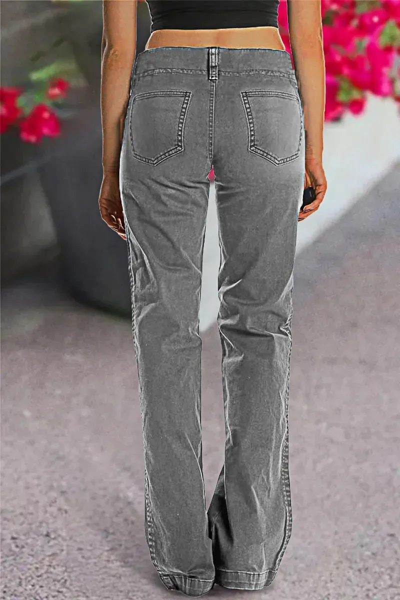 Double Button Mid Waist Straight Leg Pants