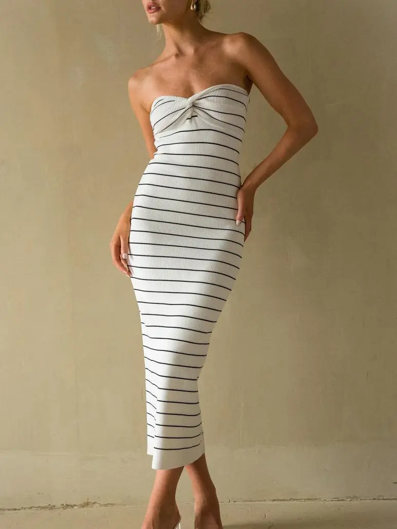 Strapless Twist Front Knit Midi Dress