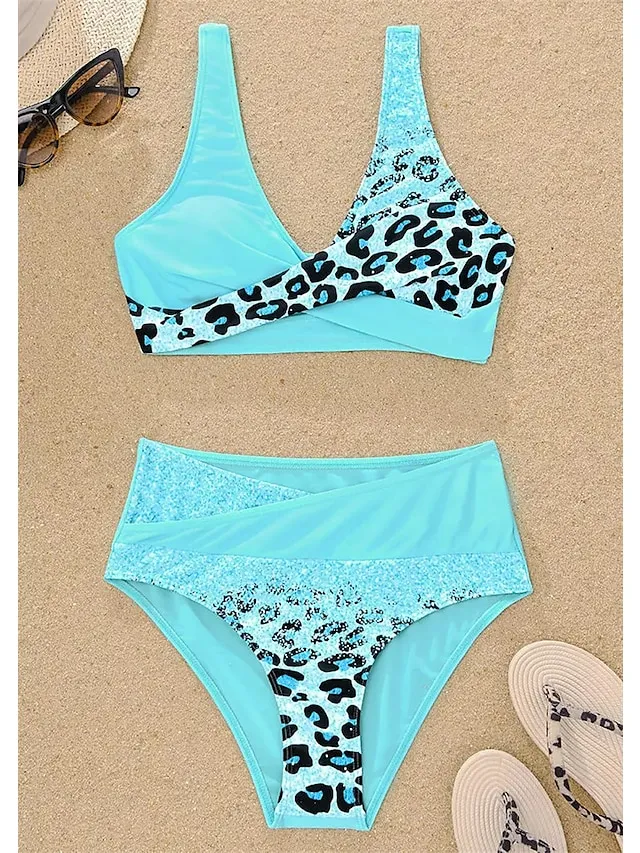 Women's Swimwear Bikini Normal Swimsuit 2 Piece Printing Leopard Blue Bathing Suits Sports Beach Wear Summer