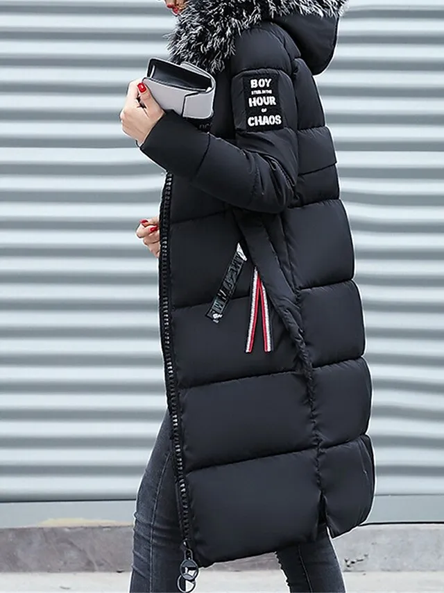 Women's Parka Long Puffer Jacket Winter Coat with Fur Collar Hood Thicken Windproof Warm Jacket Zip up Coat with Pockets Comtemporary Stylish Casual Jacket Long Sleeve Black Pink Army Green