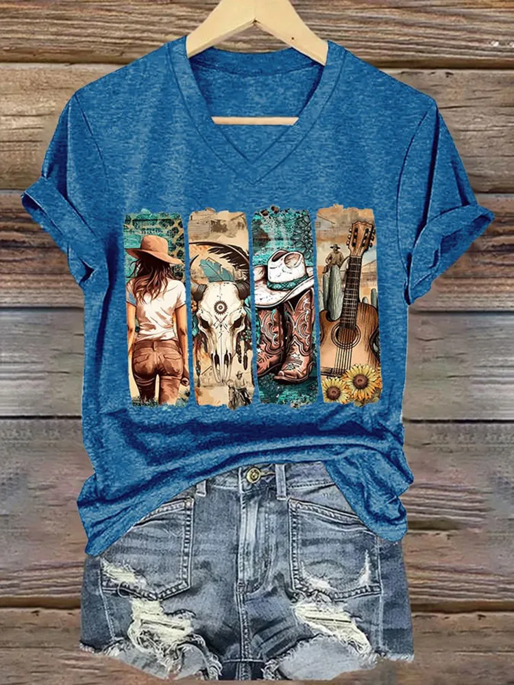 Patterned Printed V-Neck Short-Sleeved T-Shirt