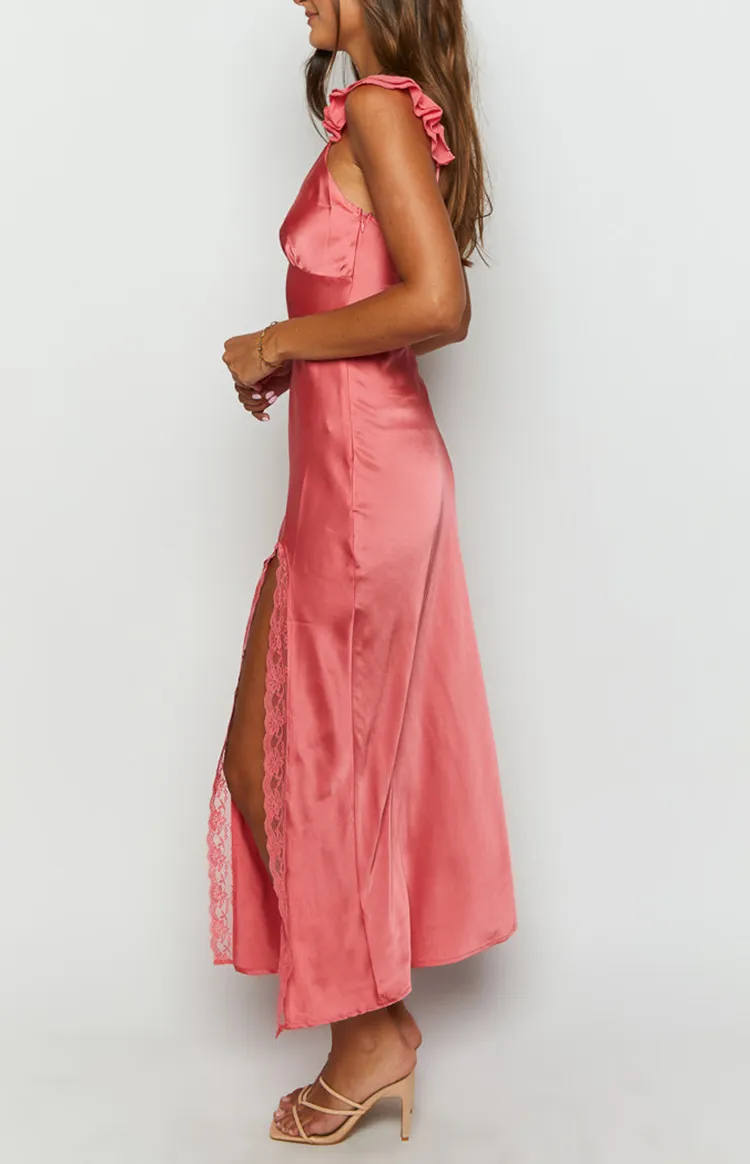 Coral Satin Slit Maxi Dress