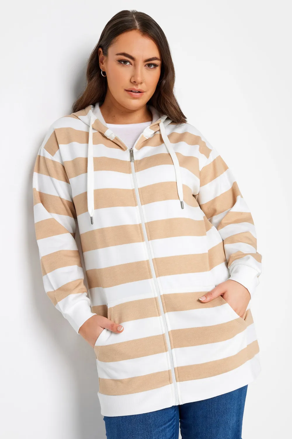 YOURS Curve Brown Stripe Zip Through Hoodie