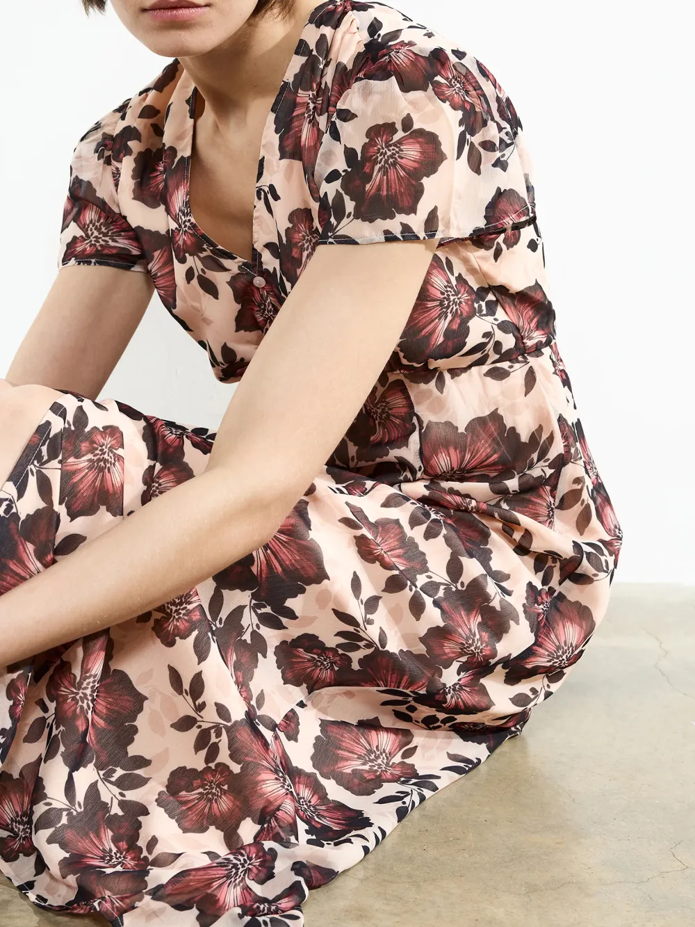 Fashion High Waist Floral V-Neck Short Sleeve Long Dress