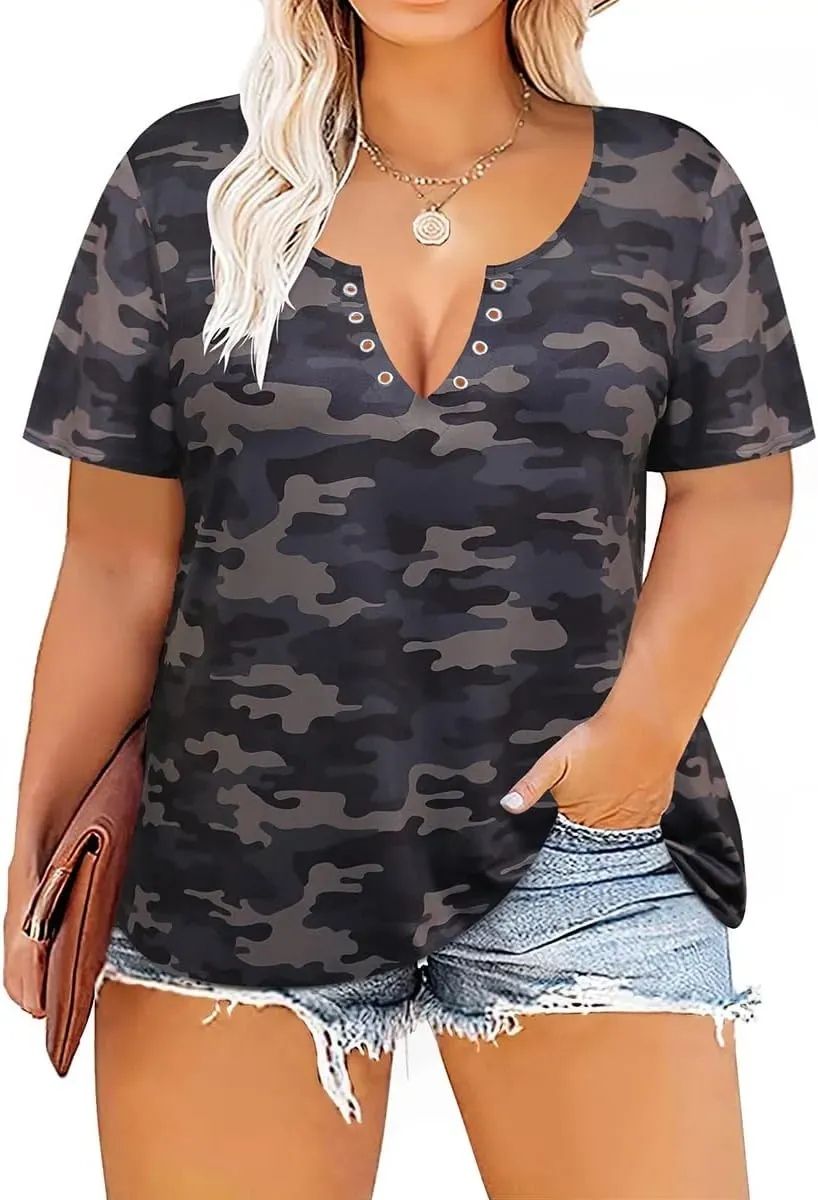 TIYOMI Plus Size T Shirt for Women Short Sleeve Tunic Cross Line Shirts Round Neck Tops Summer Blouse XL-5XL 14-28