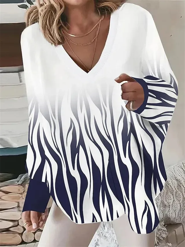 Women's Pullover Sweater Jumper Jumper Ribbed Knit Print Animal V Neck Stylish Casual Outdoor Daily Summer Fall White / Black Black S M L