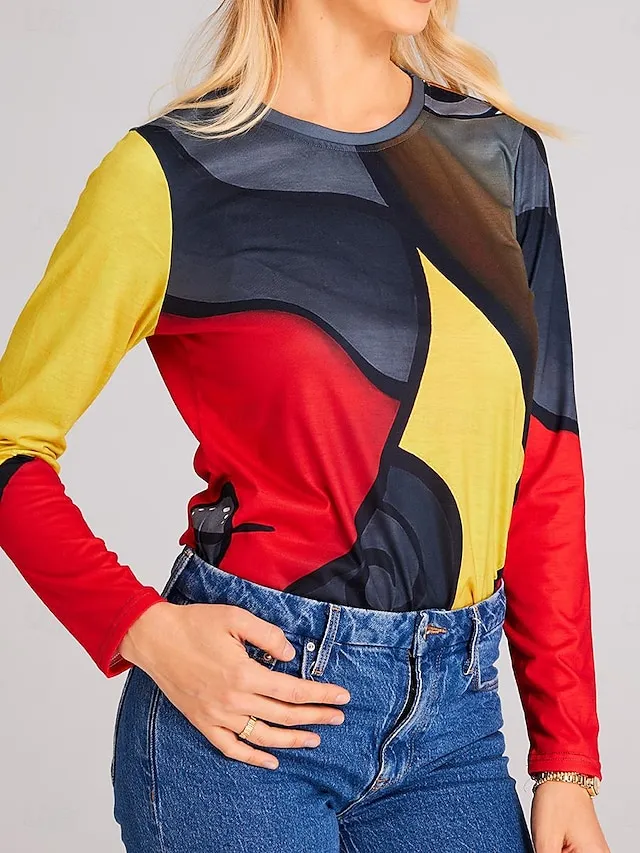 Women's Plus Size T shirt Tee Graphic Geometric Casual Holiday Red Blue Gray Print Long Sleeve Vintage Ethnic Round Neck Fall & Winter
