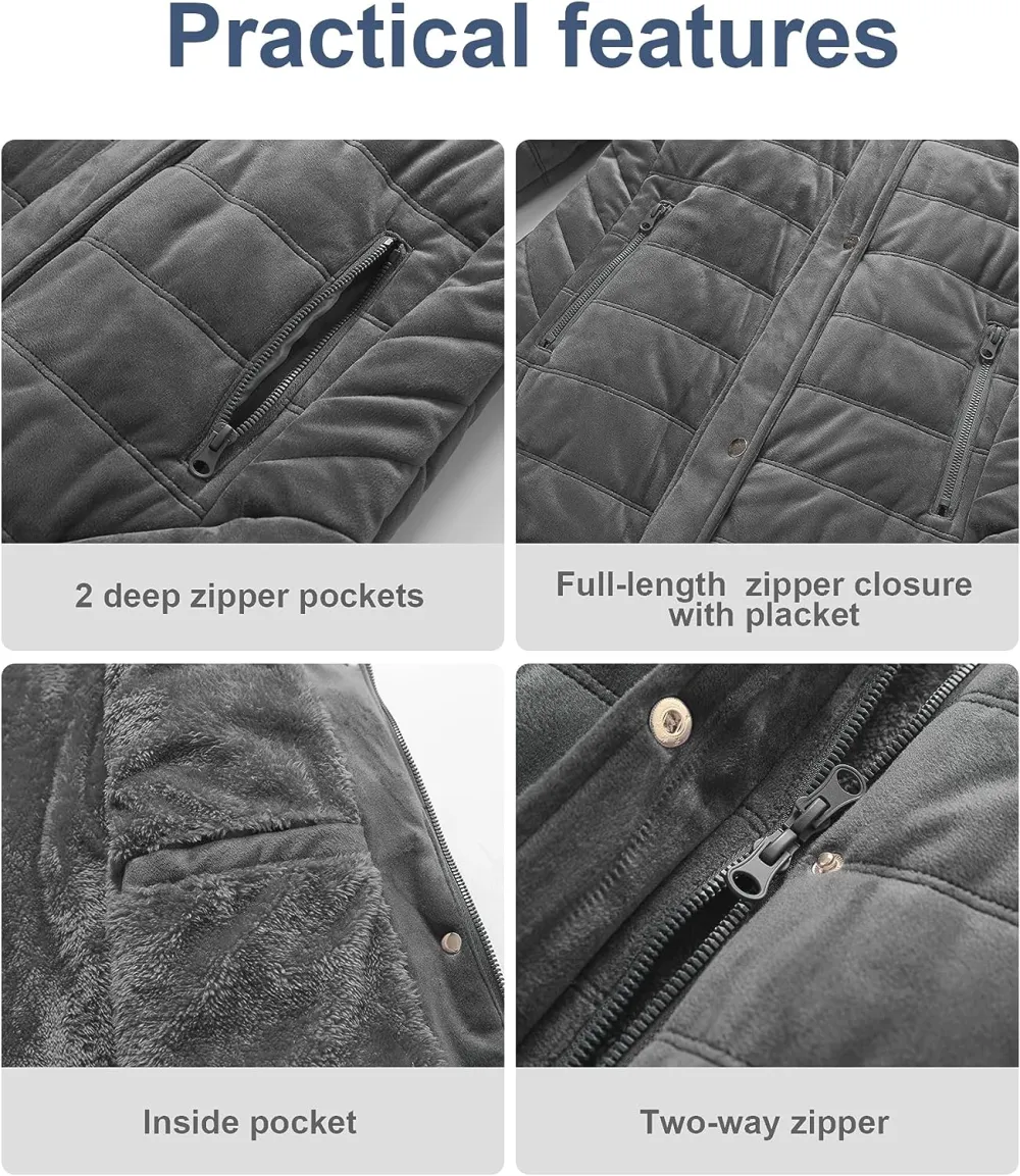 Women's Warm Winter Coat Velvet Puffer Jacket Quilted Faux Fur Hood