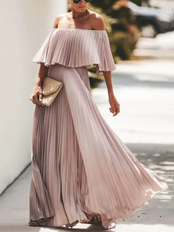 Loose Pleated Solid Color Off-The-Shoulder Maxi Dresses