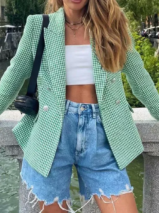 Check Set Double-Breasted Mid-Length Coat