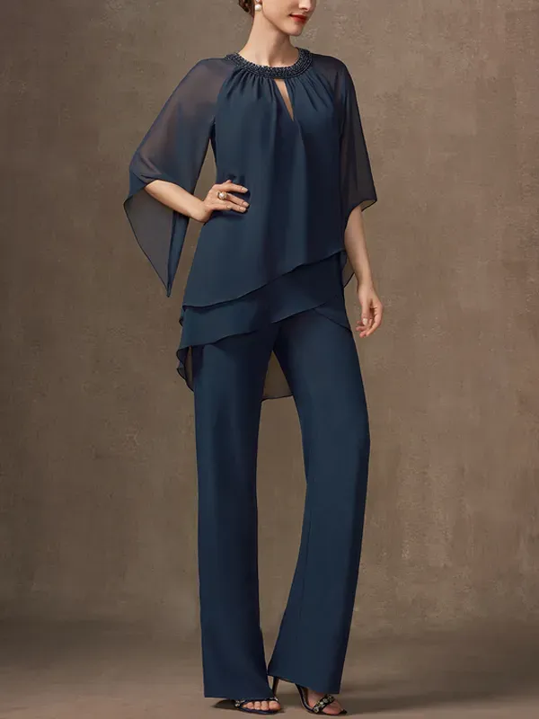 Chiffon Mother Sequin Top Trousers Set