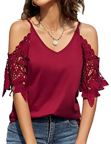 Lace Sleeve deep V-Neck Solid Color Sexy Suspender Women's T Shirt