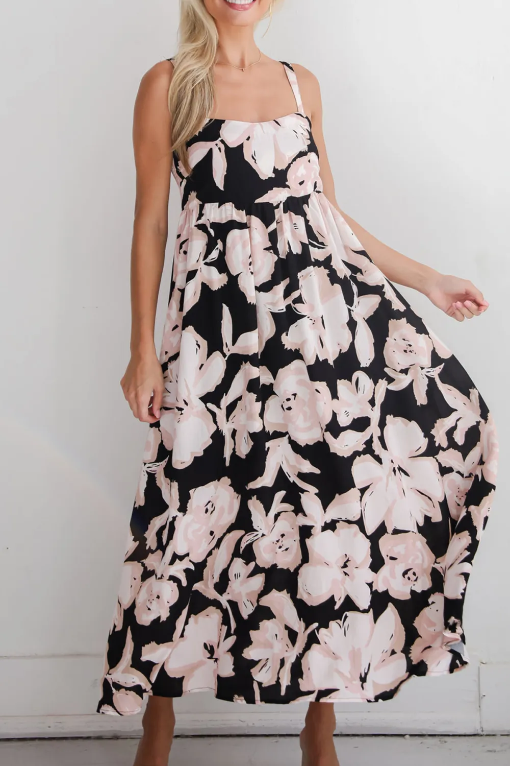 Convincingly Sweet Black Floral Midi Dress