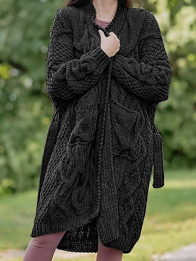 Plain Lace-Up Casual Sweater Coat