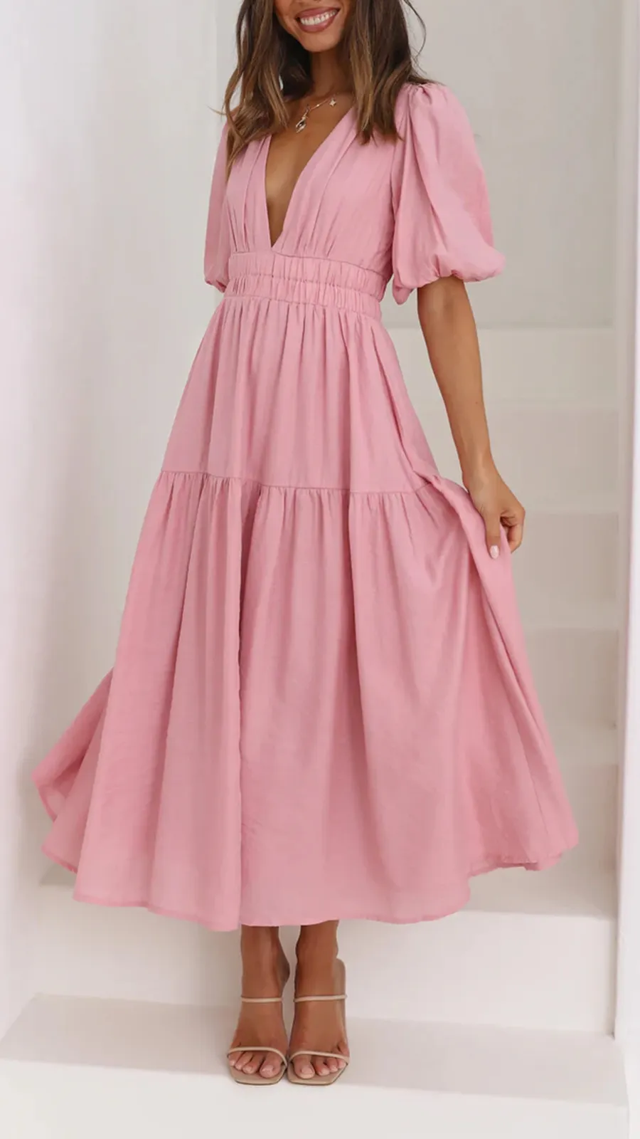 Solid Color Puffy Midi Dress