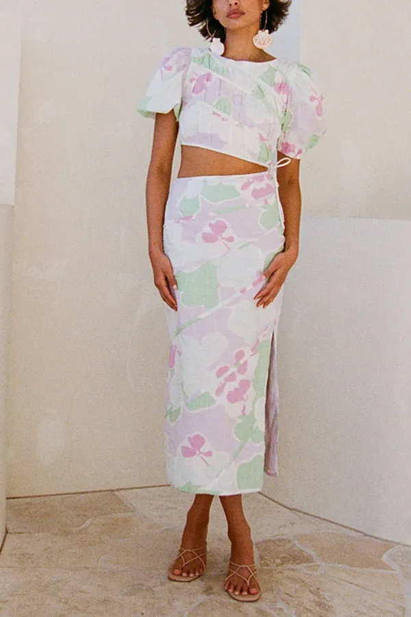 Puff Sleeve Floral Print Crop Top