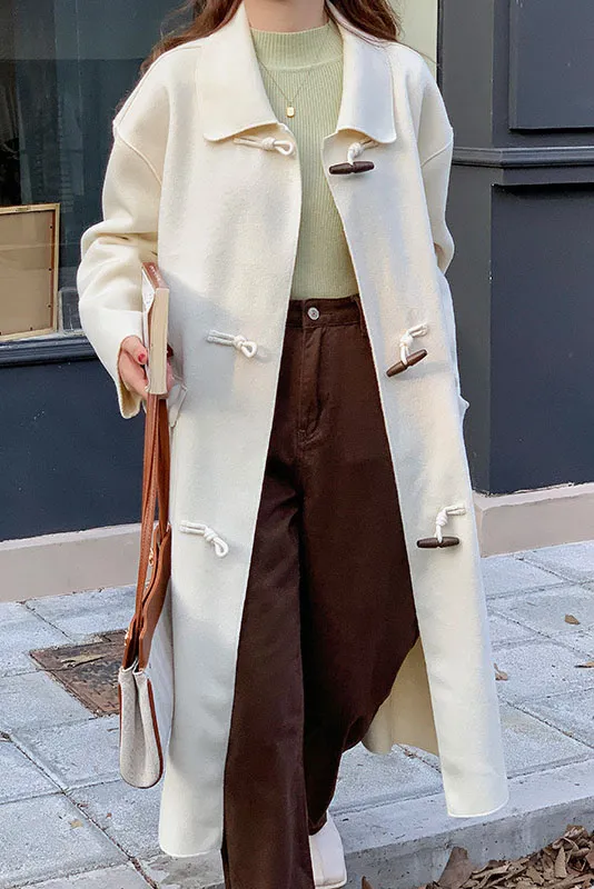 Faux Woolen Horn Button Long Coat