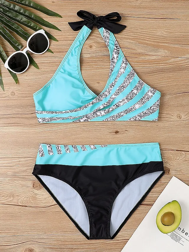 Women's Swimwear Bikini Plus Size Swimsuit 2 Piece Stripe Striped Black Burgundy Blue Lavender Purple Bandeau Bathing Suits Sports Push Up Summer