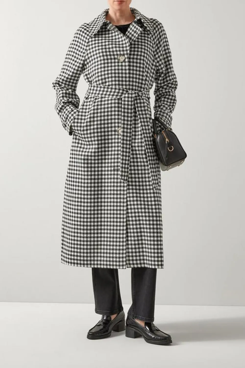 Black Cream Checkered Belted Long Coat