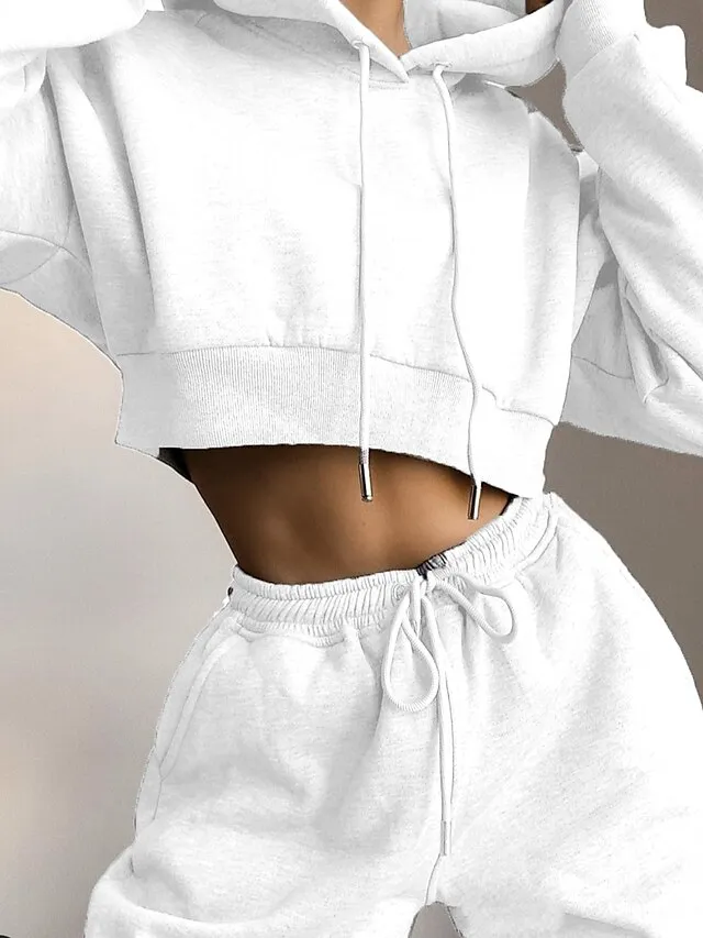 Women's Crop Top Hoodie Tracksuit Pants Sets Solid Color Black White Brown Patchwork Drawstring Long Sleeve Causal Sportswear Hooded Regular Fit Fall & Winter
