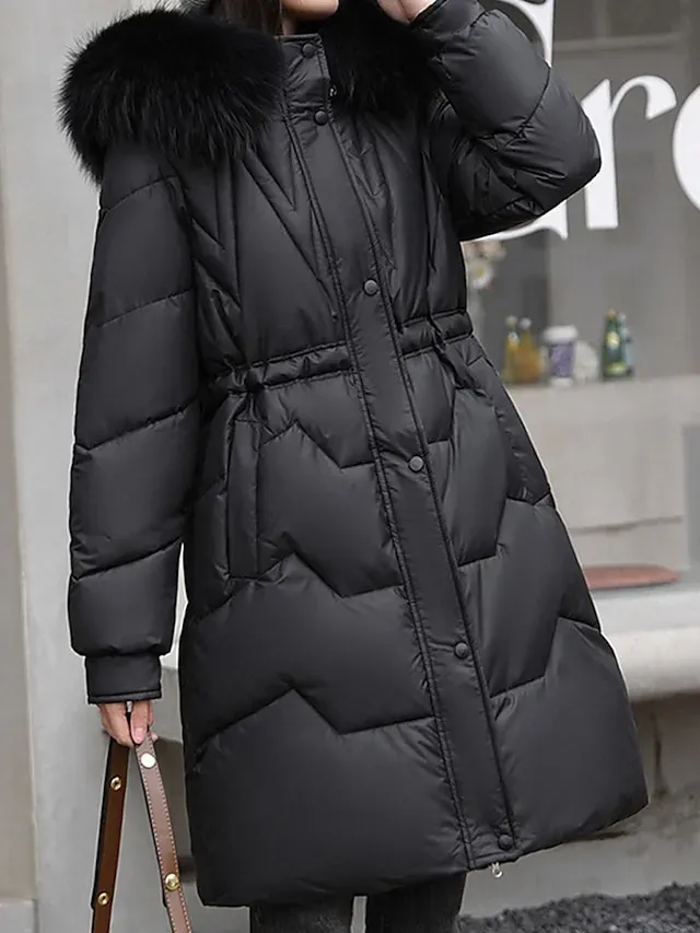 Women's Parka Winter Long Puffer Jacket Fall Windproof Warm Zipper Coat with Pocket Fur Collar Hood Modern Casual Street Style Plain Regular Fit Outerwear Long Sleeve Black White Pink
