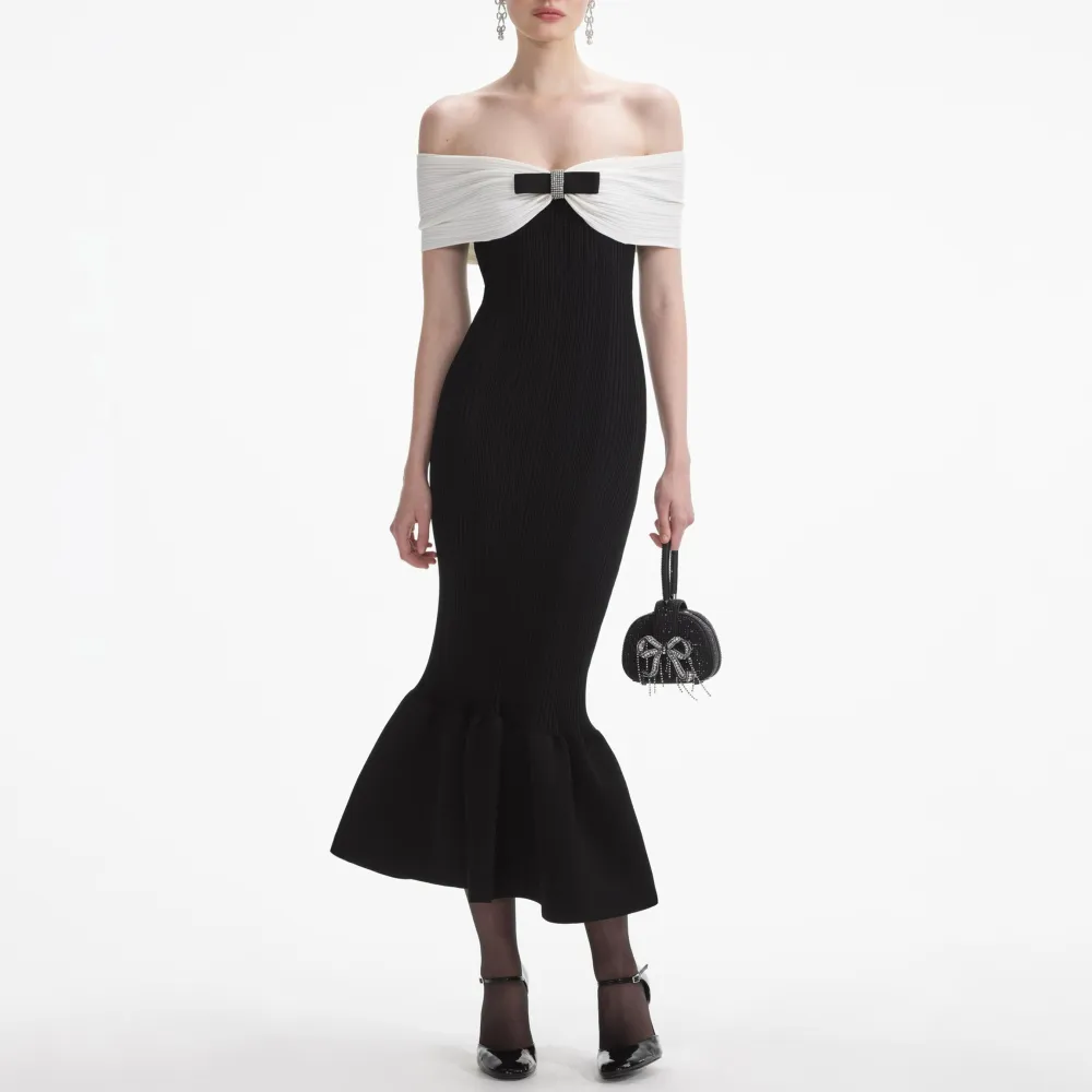 Black Knit Bow Midi Dress