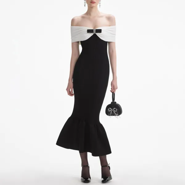 Black Knit Bow Midi Dress